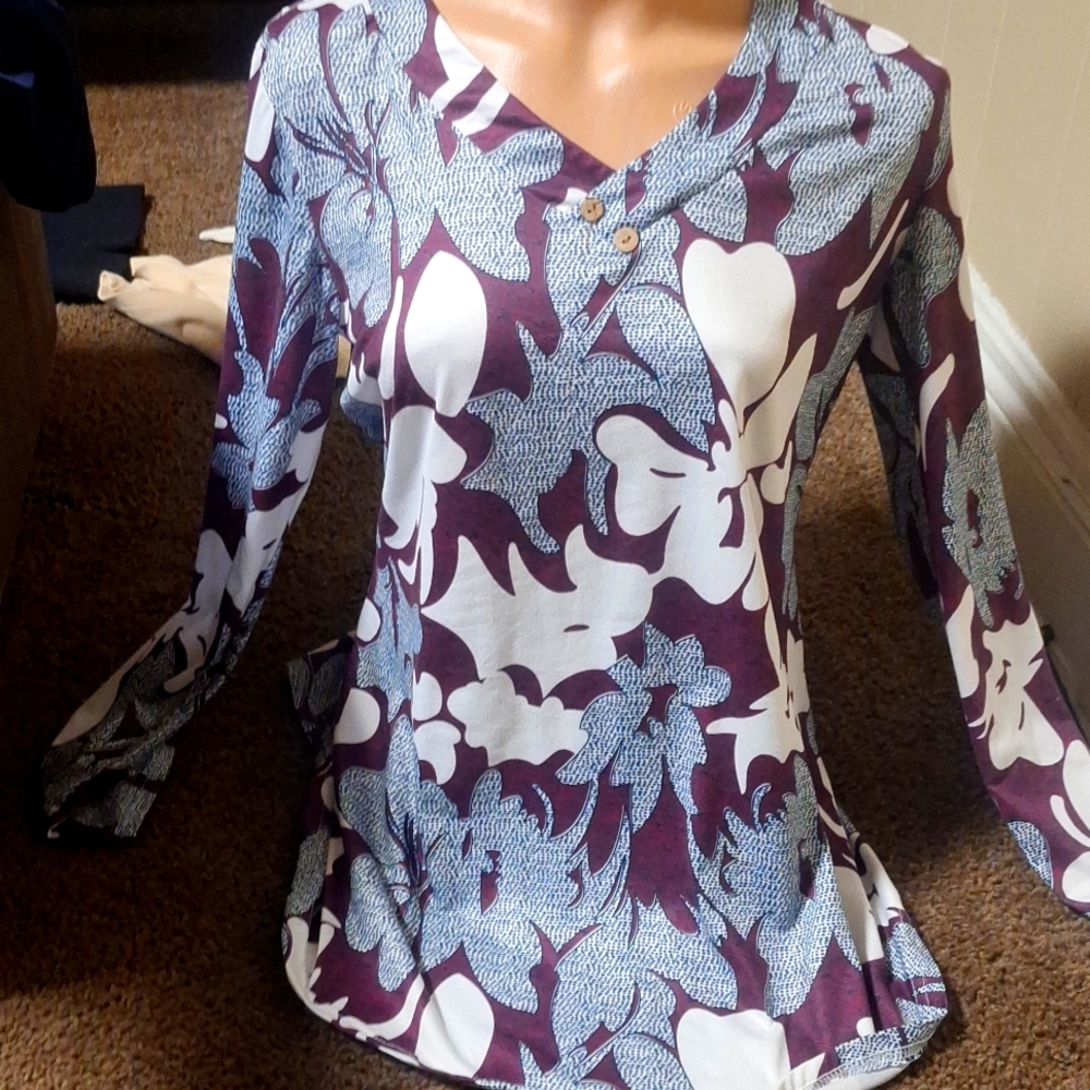 Purple with blue strips white black patterns long sleeve shirt